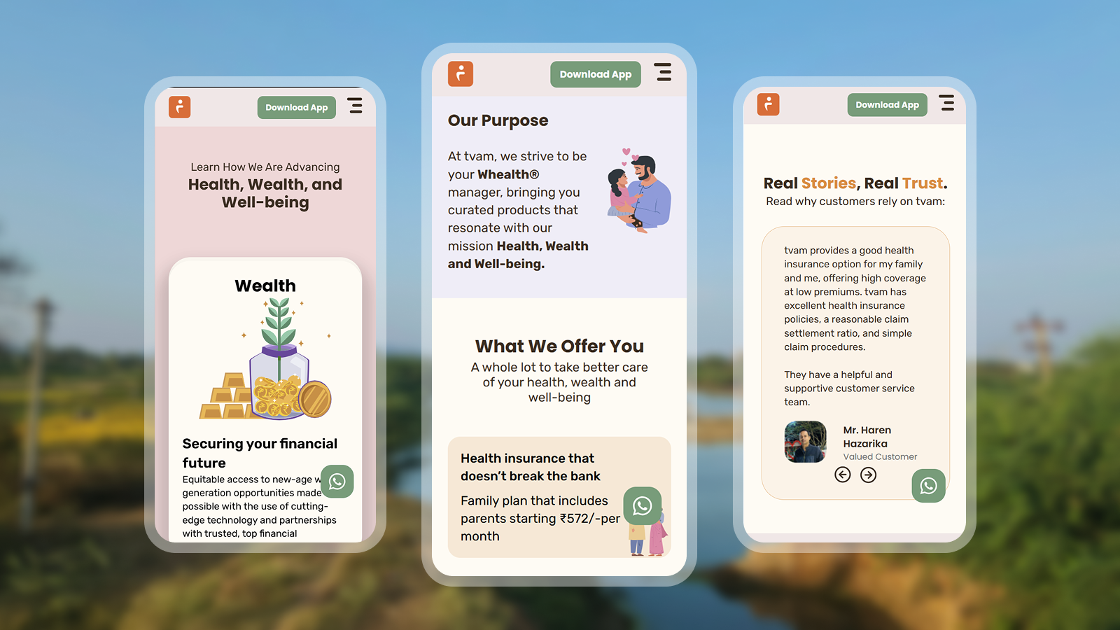 TVAM product storytelling screens across health, wealth, and trust journeys.